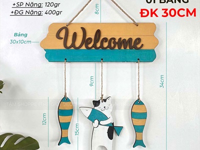 Bảng Welcome Mèo Cá PCB [Bằng gỗ - ĐK 30cm] BTC-WEL-09